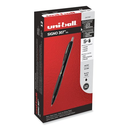 UNI-BALL Retractable 307 Gel Pen, Micro 0.5mm, Black Ink/Barrel, PK12 1947087